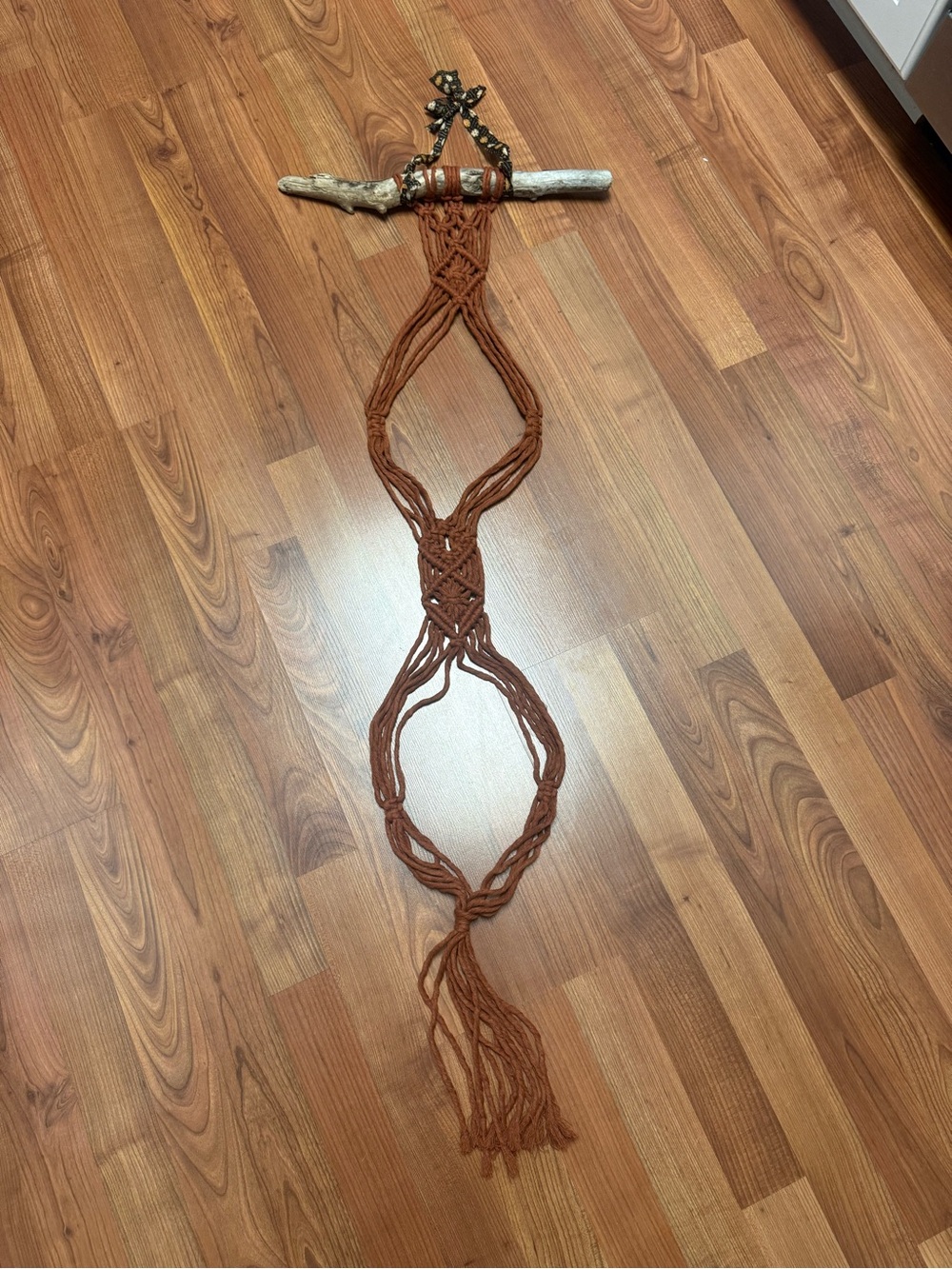 Handmade Rust Brown Macramé hat Hanger with Driftwood